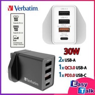 Verbatim 4位 30W PD &amp; QC 3.0 快速USB充電器 #66892 黑色 【香港行貨】