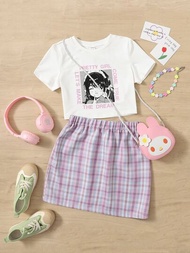 SHEIN 青少女人物形象和口號圖案t恤和蘇格蘭格子印花裙