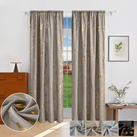2panels Luxury Marble Pattern Curtains with Gold Foil Precision Drilling, Window Curtains for Living
