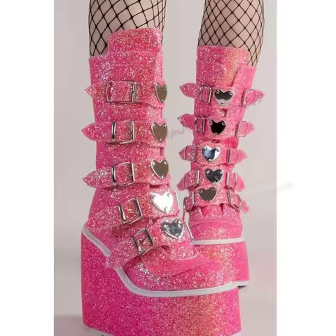 Rose Red Glitter Wedges Heels Boots Buckle Strappy Round Toe Shoes for Women Mid Calf Y2K Punk Shoes