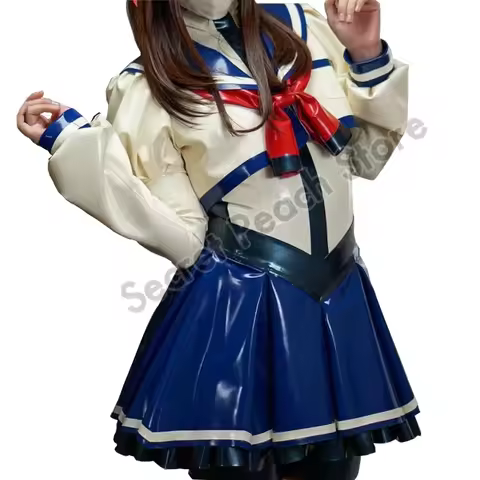 Cosplay Latex School Girl Uniform Dress JK Sailor Suit Rubber Fetish Latex Zentai With Stocking