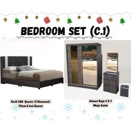 Set Bilik Tidur Almari Baju Wardrobe 5x7kaki Meja Solek Katil Kulit PVC Divan Katil Single Super Sin