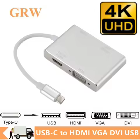 4K Type C to HDMI VGA USB DVI Converter 4 in 1 USB C Multiport Adapter USB-C to HDMI VGA Hub for Mac