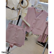 TW22146 Set 2 ชิ้น เสื้อทรงเบลเซอร์แขนกุด+ กางเกงกระโปรง ..