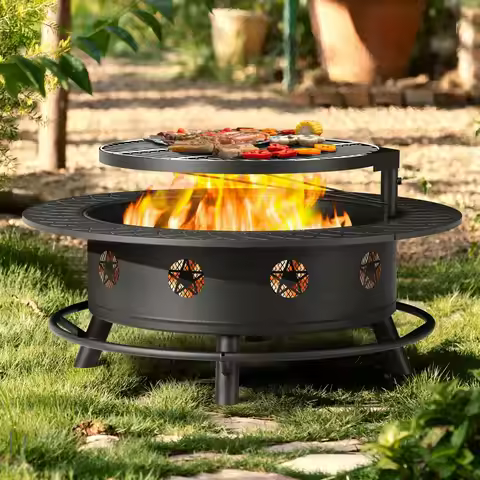 Inch Fire Pit with BBQ Grill, Wood Burning Fire Pits for Outside with Lid amp Poker, Extra Large Hea