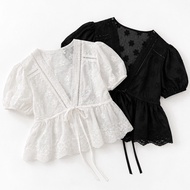 INFINITY : LORA TOP (LORA) V-Neck Shirt With Puffy Sleeves And Ribbon Tie Detail At The Waist Helps 