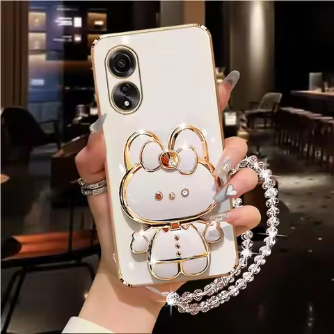 Diamond Strap Mirror Rabbit Holder Case For Oppo A1 A1K A2 A5 A5S A7 A7X A8 A9 A12 A15 A16 A16K A17 