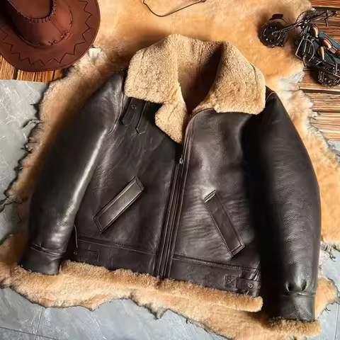 Men's Genuine Leather B3 Aviator Jacket Thickened Shearling Bomber Coat Real Fur Leather Motorcycle 