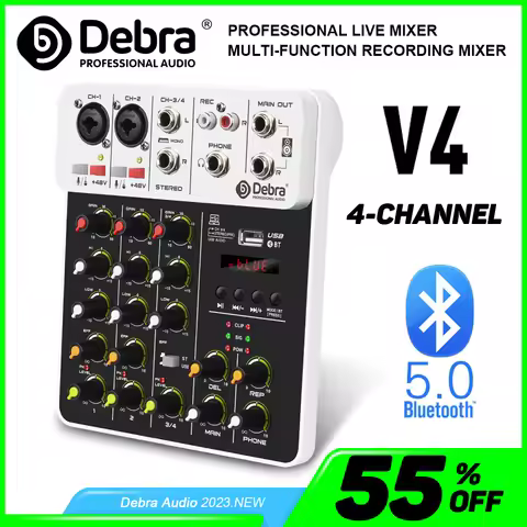 Debra NEW V4 Audio Mixing Console Bluetooth USB Record PC 48V Phantom Power Delay Repaeat Effect 4 C