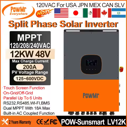 PowMr 12KW 48V Split Phase Solar Inverter 120Vac/208Vac/240Vac Output Build in MPPT 200A Controller&