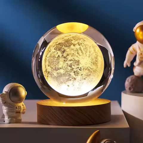 3D Laser Engraved Crystal Ball with Wooden LED Base Solar System Galaxy Astronomy Moon Astronaut Nig