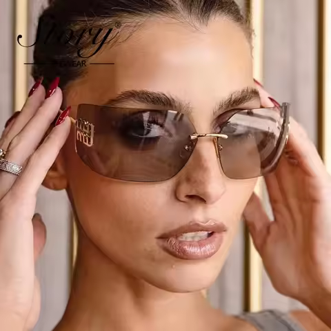 STORY Fashion Mirrored Rimless Sunglasses for Women Men Luxury Brand Designer Trendy Curved Lens Fra