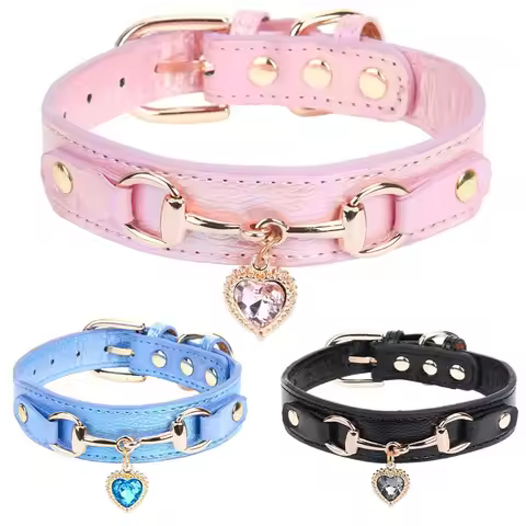 New Dog Collar Love Water Diamond PU Collar Metal Accessories Cat Neck Ring Fashion Design Cat Neckl
