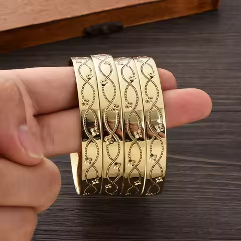 Popular 9K Golden Color Simple Bracelet Women Girls Round Dubai Rose Pattern Bangles African Arabic 