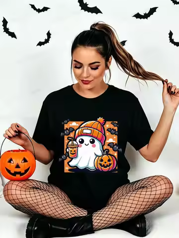 Cute Ghost Graphic T‑Shirt Women Halloween Ghost Coffee Print Tee Shirts Spooky Season T-Shirt Trick