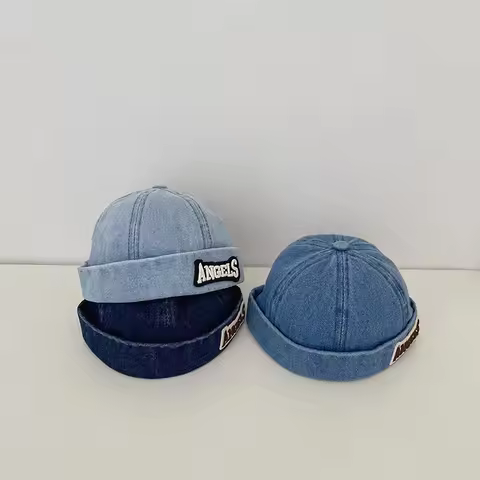 Blue Denim Melon Cap Baby Dome Brimless Hat 1-3Y Children Beanie Drawstring Bonnet Fashion Kids Land