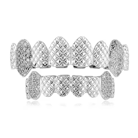 Iced Out 8 Teeth Grillz Set Pyramid Spike Texture Top Bottom Teeth Cap Copper Hip‑Hop Rapper Grillz 