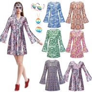 Retro Outfit For Woman 60s 70s 80'S Hippie Costume Dresses Headband Glasses Necklace Earrings Access