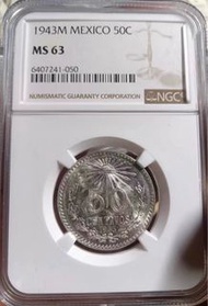 NGC MS63 - 1943年 墨西哥 50分 鷹洋 銀幣