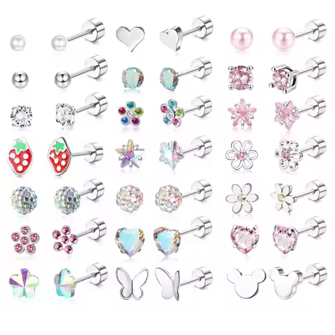 Bobisty 1 Pair Hypoallergenic Screw Back Earrings for Women 316L Stainless Steel CZ Flat Back Stud E