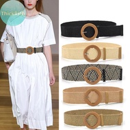 ThickRich Summer Women Elastic Belt Round Buckle Vintage Boho Straw Woven Belt Dress Belt MY