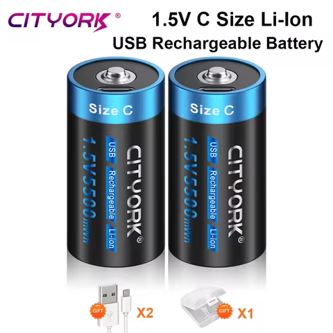 CITYORK 1.5V C Size Rechargeable Li-Ion Battery LR14 R14 C Cell Battery Type C USB Rechargeable Batt