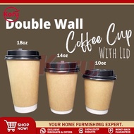 [ 25/50 Pcs ] Double Wall Hot Coffee Kraft Cup 10 Oz / 14 Oz / 18 Oz With/Out Lid ( Makapal/Thick )