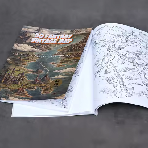 50 Fantasy Map Coloring Book, Printable PDF, Vintage Map Scenery Landscape Coloring Pages, Detalied 