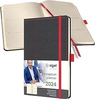 SIGEL C2455 Weekly Diary 2024, Leather Look, Approx. A5, Dark Grey/Red, Hard Cover, 192 Pages, Elastic Band, Pen Loop, Archive Pocket, PEFC Certified, Conceptum