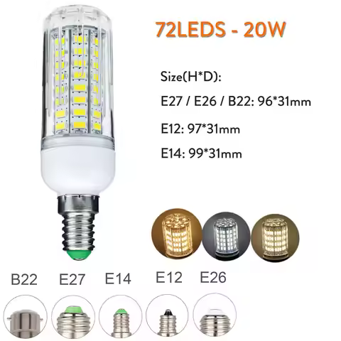 E14 E27 E12 B22 Dimmable DC 12V LED Bulb LED Corn Bulb 72LEDs 20W Chandelier Candle LED Light For Ho