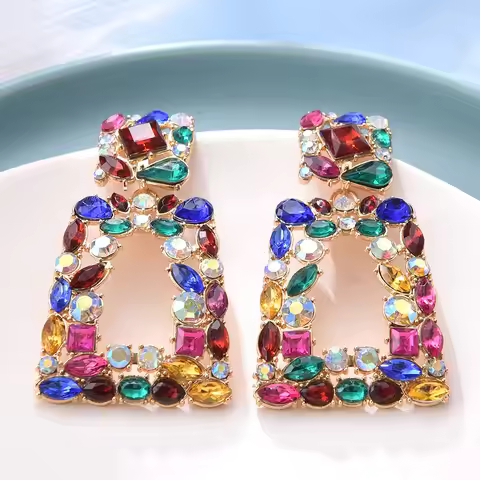 Boho Ethnic Colorful Crystal Clip on Earrings Women's Big Geometric Statement Non Pierced Long Dangl