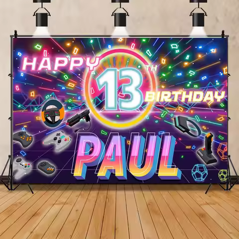Game Party Custom Name Background Game Console Neon Light Backdrop Kid Boy Birthday Banner Baby Show