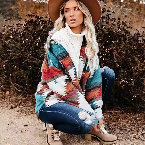 Vintage Jacket Women Splicing Loose Jacket Denim Print Aztec Retro Ethnic Style Long Sleeved Shirt S