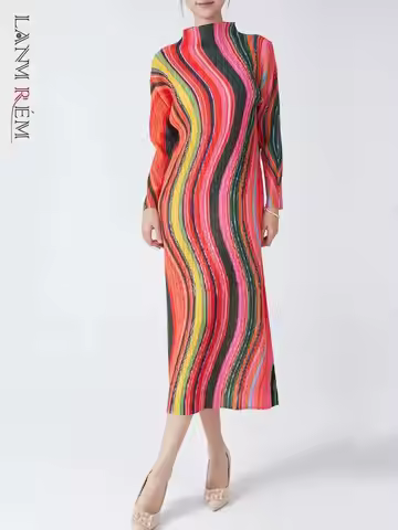 LANMREM High Collar Long Sleeve Women Dresses Contrast Color Striped Pleated Slim Mid-Calf Elegant F