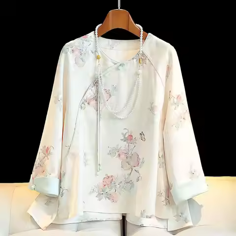 New Chinese Style Jacquard Blouse Women Summer New Vintage Round Collar Casual Button-Up Top