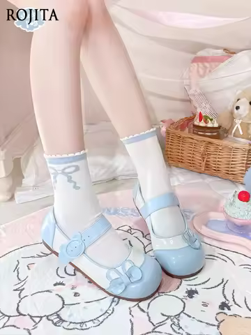 Pu Lolita Shoes Women Comfortable Low Heel Flat Indoor Shoes Egg Roll Soft Blue and White Color Matc