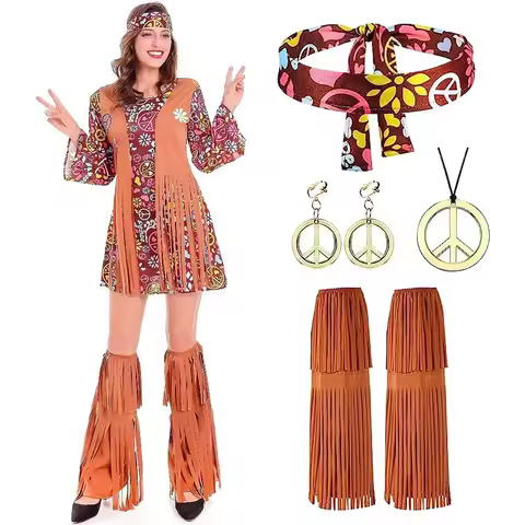 70s 60s Hippie Costume Set 70s Outfits Women Disco Dress Cosplay Suits Accessories For Halloween