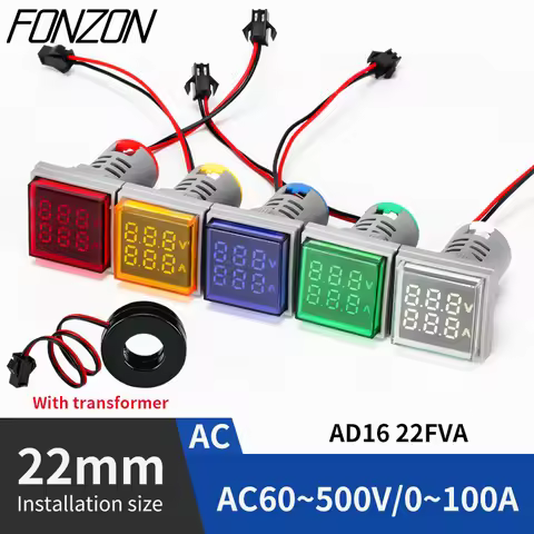 22mm AD16-22FVA Square Digital Voltmeter Ammeter Led Dual Display Digital Voltage And Current Amp Me
