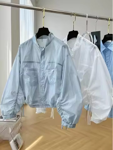 Women's Jacket Top Spring Autumn Thin Sun Protection Loose Baseball Coat Stand Collar Design Trench 
