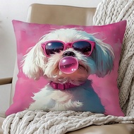 1 vỏ gối trang trí in hình chú chó Maltese màu hồng thổi bong bóng, 45*45CM/18*18inch, vải da lộn, t