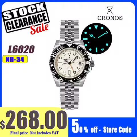 Cronos GMT Automatic Men Watches Bidirectional Bezel Sapphire 20 ATM NH34 Solid 5 links Printed Logo