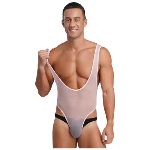 Gay Mens Lingerie One-piece Bodysuit Sheer Showing Chest Muscle Bulge Pouch Slim Mankini Jumpsuit Sw