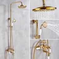 Polished Gold Brass Shower System Set Rainfall Spout Round Head with Wall Mounted Handheld Spray Mixer Tub Shower Faucet Set ZD3104