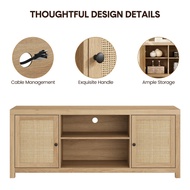 Boho Tv Stand 58 Inch Tv , Entertainment Center Adjustable Shelf , Rattan Tv Console 2 Cabinets Livi