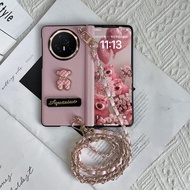 Case for Honor Magic V5 V3 Fold Built-in Stand with Crossbody Chain Cute Bear Shockproof Hinge Cover