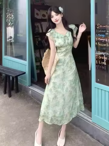 Floral Print Maxi Dress Women's Summer 2025 Waist Cinched Slimming Tie Unique Puff Sleeve Tea Break 