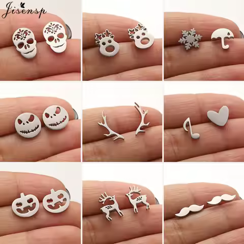 Funny Hallowmas Stainless Steel Mini Stud Earrings for Women Men Punk Skull Deer Pumpkin Snowflake E