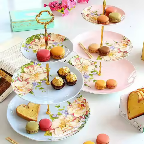 6+8+10inch, Fine Bone China Floral Cake Plate Stand, Beauty Party Buffet Serving Plate Set. Bbq Tray