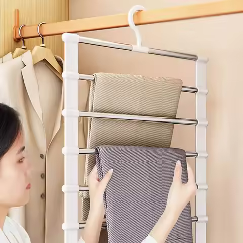 7 Layers Stainless Steel Pants Hanger Space Saving Closet Organizer Trousers Rack Non-Slip Wardrobe 