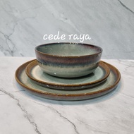 Aesthetic ceramic dinner plate & bowl with grey stone motif pyramid kitchenware